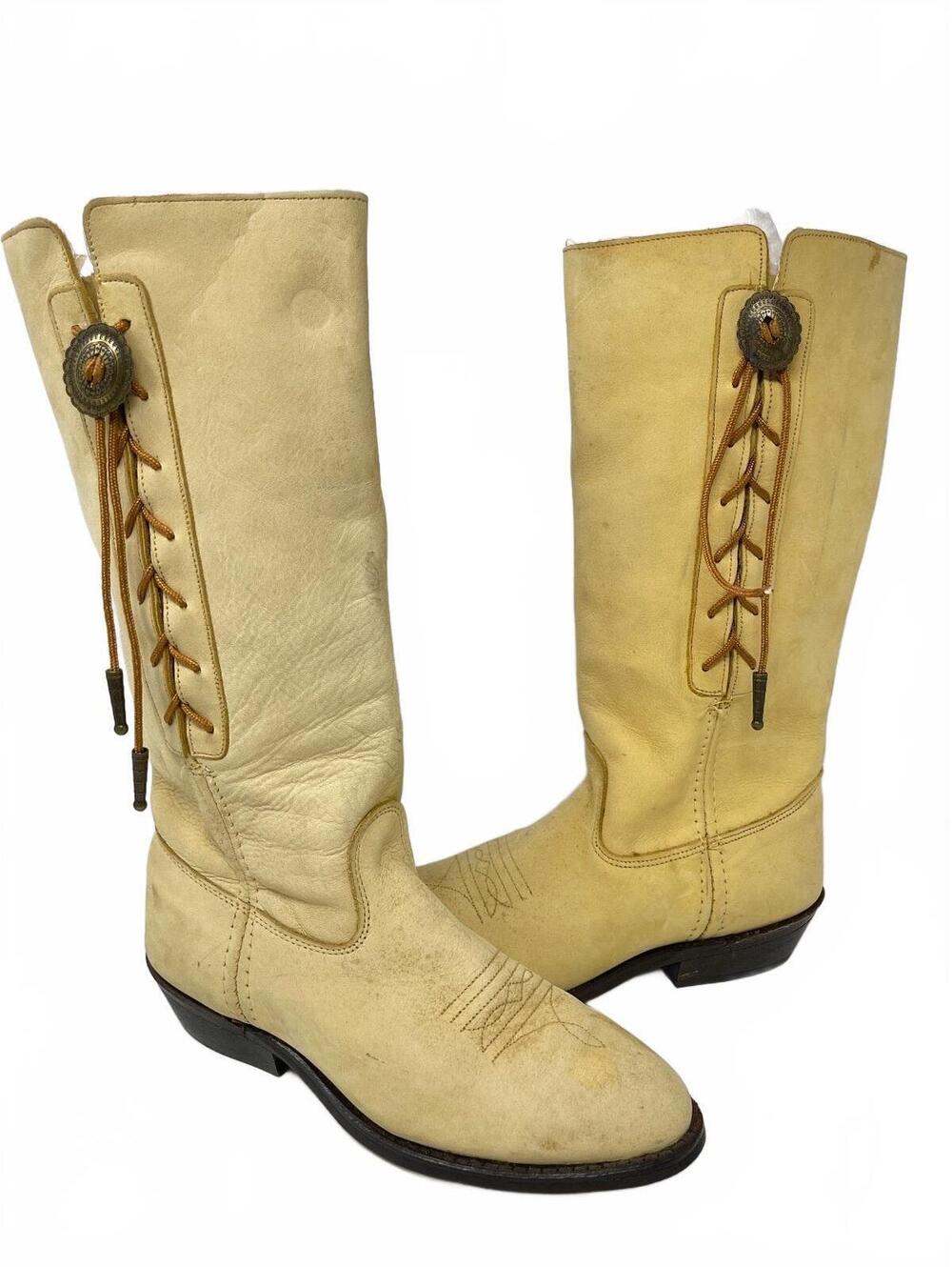 Vintage Capezio Boots Cream Leather Western Boots Concho Lace Up Detail
